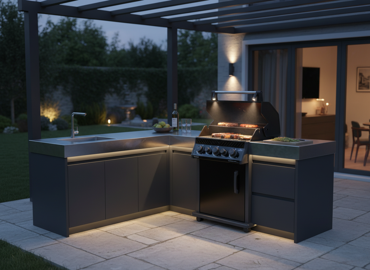 Outdoor grill staged for twilight barbecue