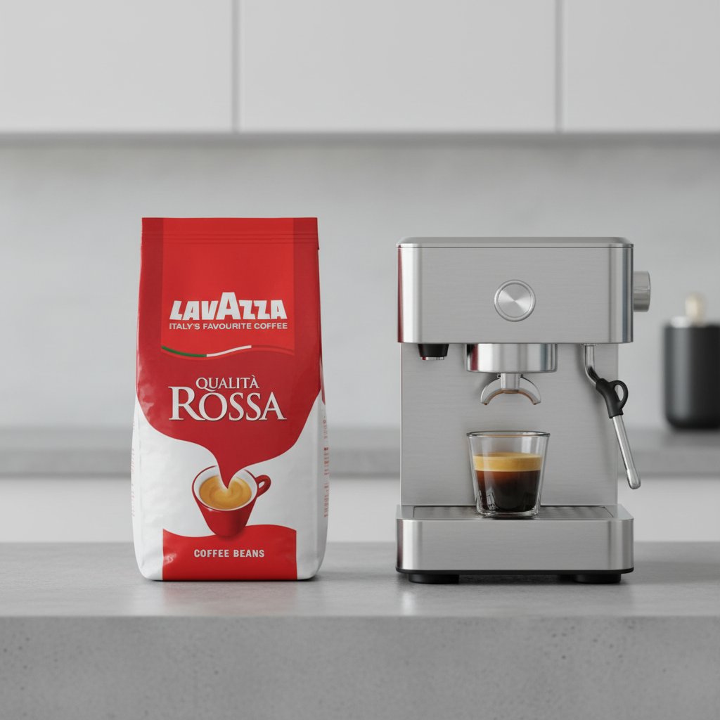 Minimalist studio shot of Lavazza packaging